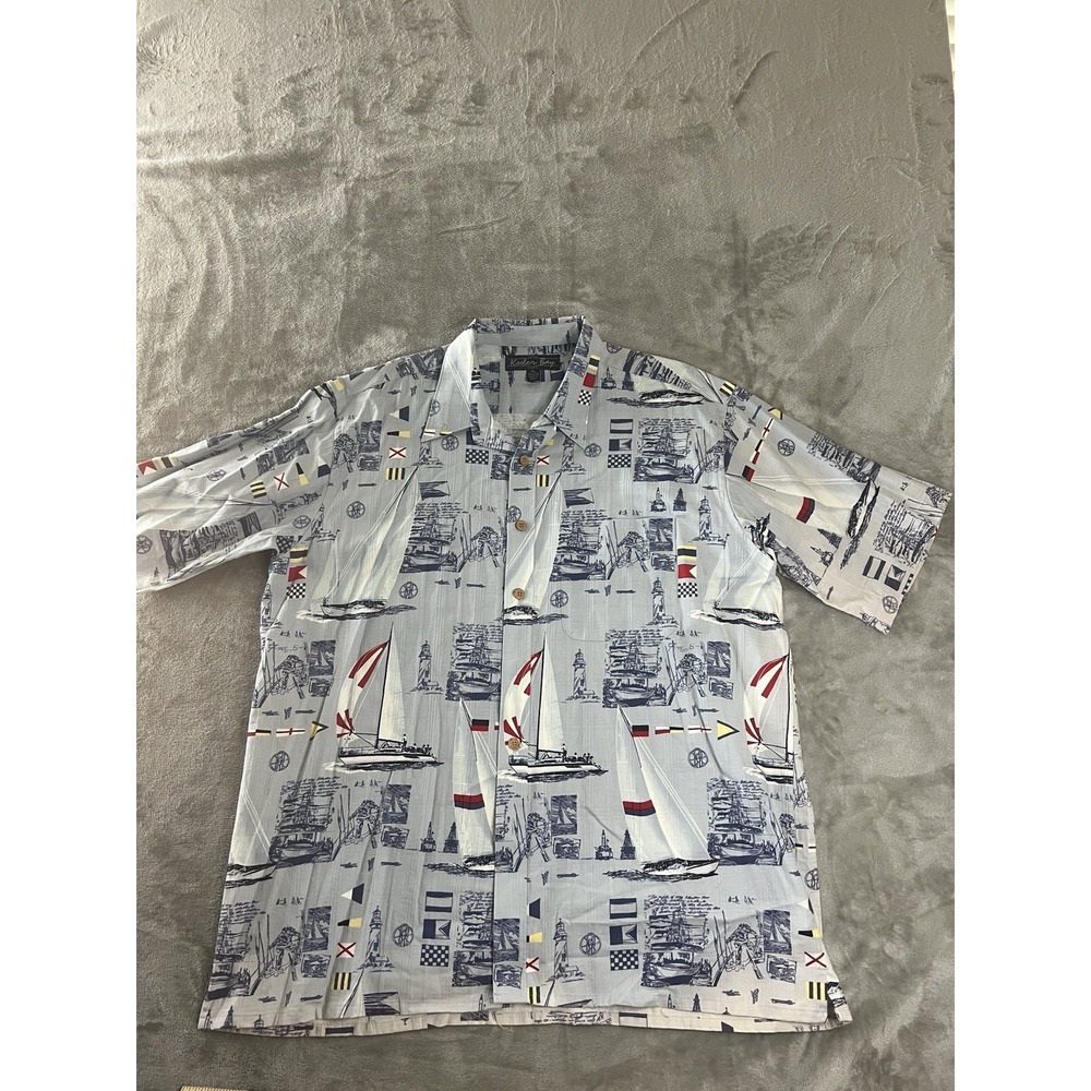 Keeler Bay Mens Shirt XL Blue Nautical Sailboat Lighthouse Hawaiian Camp